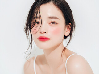 Naklejka premium 美容, 女性, スキンケア, 化粧品, ビューティー, 若い女性, 美肌, 日本人, アジア人, フェイシャル, メイク, 美容液, 保湿, クリーム, エイジングケア, 美容医療, エステ, 美容クリニック, 肌ケア, ナチュラルメイク, 透明感, ツヤ肌, モデル, 笑顔, ポートレート, クローズアップ, リラックス, 癒し, 健康的, 美白, コラーゲン, ヒアルロン酸, アンチエイジング