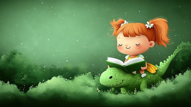 A Dreamy Little Reader on a Floating Green Cloud with a Sleepy Dragon Companion