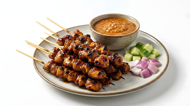 Grilled Malaysian chicken satay skewers with peanut sauce, isolated on a white background