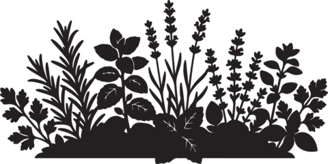 A black silhouette illustration featuring a diverse collection of culinary and aromatic herbs, including lavender, rosemary, and leafy green plants. © trianisuciati