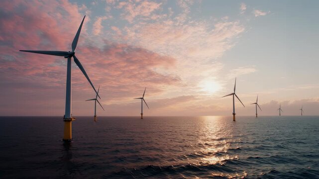 Dramatic offshore wind turbines spin gracefully in the deep blue ocean at sunset, creating renewable energy