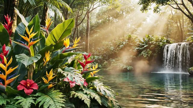 Lush tropical rainforest with vibrant exotic flowers, Bird of Paradise and hibiscus, and a cascading waterfall, sun rays shining through the canopy