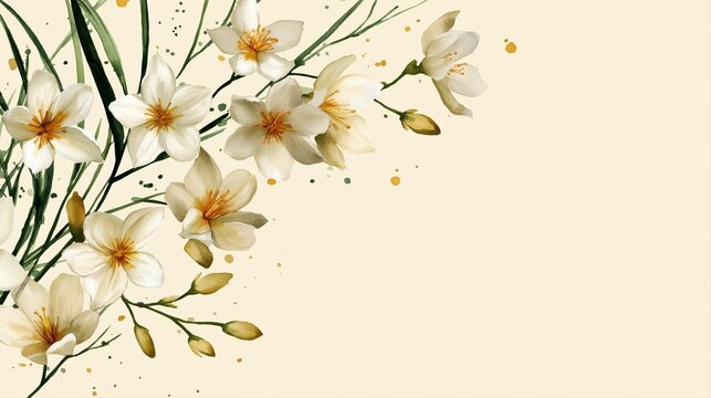 Floral Watercolor Background with White Jasmine Sprigs