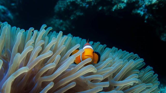 Orange and White Clownfish Peeking From Within a Soft Sea Anemone's Tentacles in Deep Ocean Waters