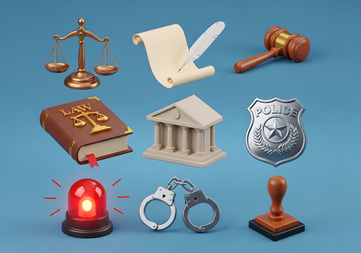 Collection of law and justice symbols featuring a gavel scales book police badge and handcuffs government constitution building document legislation attorney authority security