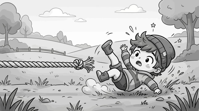 Boy falls on ground from rope.