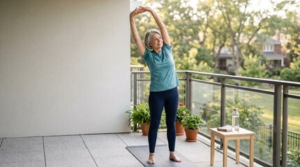 Fototapeta premium Elderly woman stretching on balcony during sunny afternoon outdoors 