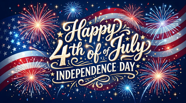 Happy 4th of July typography with fireworks and American flag