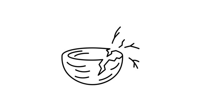 Broken Coconut Shell with Splinters Flying Outward, Hand-Drawn Style