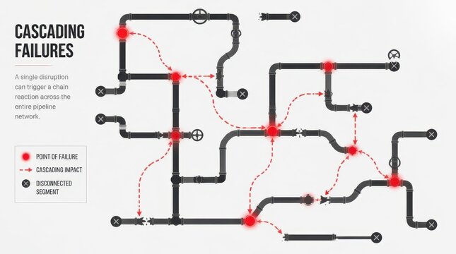 Cascading failures depicted through a tangled web of interconnected pipeline systems in a professional gigapixel diagram showing structural network vulnerabilities and systemic risk analysis.