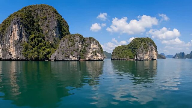 Limestone karsts rise from turquoise waters under a blue sky with clouds