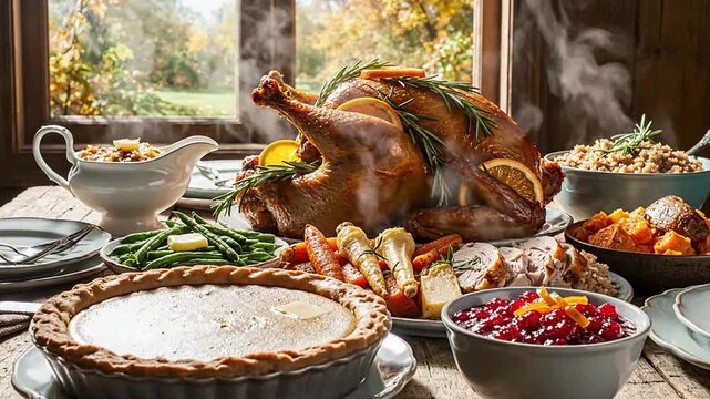 Delicious Thanksgiving Feast Featuring Roast Turkey, Pumpkin Pie, and Seasonal Sides Served on Rustic Wooden Table with Autumn View Through Window