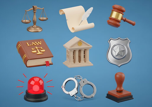 Legal and justice 3D icons collection including gavel scales of justice law book and handcuffs with handcuffs judgment document government constitution attorney authority security protection