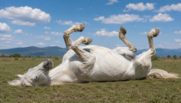 Happy white horse rolling on green meadow under blue sky, playful animal behavior and rural countryside lifestyle concept.