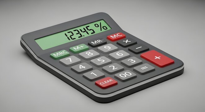 A 3D rendering of a common calculator displaying the number 123
