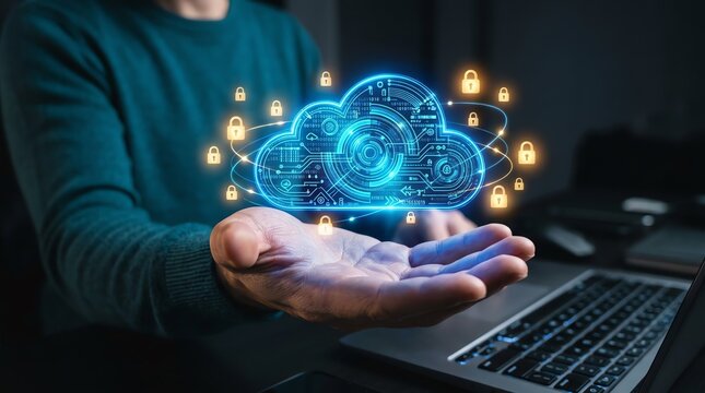 Digital cloud data security concept with glowing icons of locks and circuits presented on an open palm