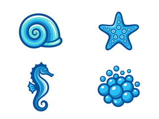 This vibrant illustration features marine life elements including a snail shell, starfish, seahorse, and bubbles in serene blue tones, showcasing the beauty of the ocean. © shuai wang