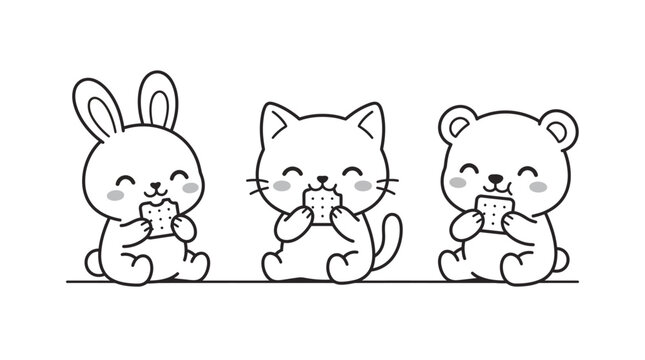 Cute cartoon animals eating dessert.