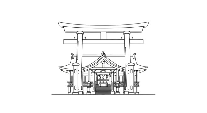 Traditional Japanese Shrine Gate and Main Hall, Architectural Line Drawing