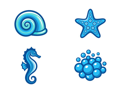 This vibrant illustration features marine life elements including a snail shell, starfish, seahorse, and bubbles in serene blue tones, showcasing the beauty of the ocean.