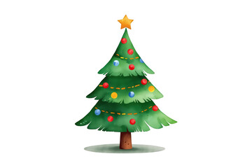 Fototapeta premium Christmas tree decorating with watercolor style ornaments and a star, capturing festive holiday spirit on transparent background