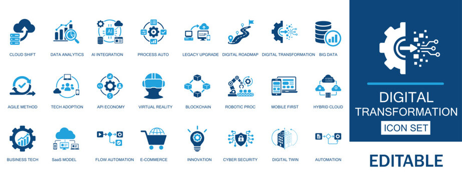 Digital transformation and business technology solid icons set. Includes cloud shift, data analytics, AI integration, process automation, and cyber security assets.