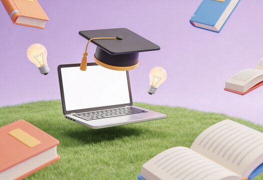 3D illustration of a laptop with a blank screen and a graduation cap floating over a green grass field with books and glowing lightbulbs for online education and e-learning.