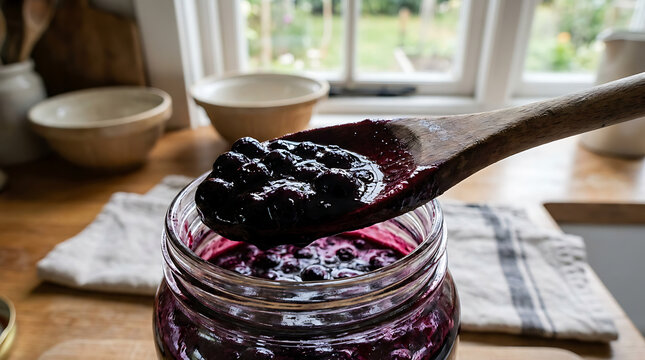 Wooden spoon scoops rich blueberry compote from a jar, homemade sweetness ready for enjoyment.