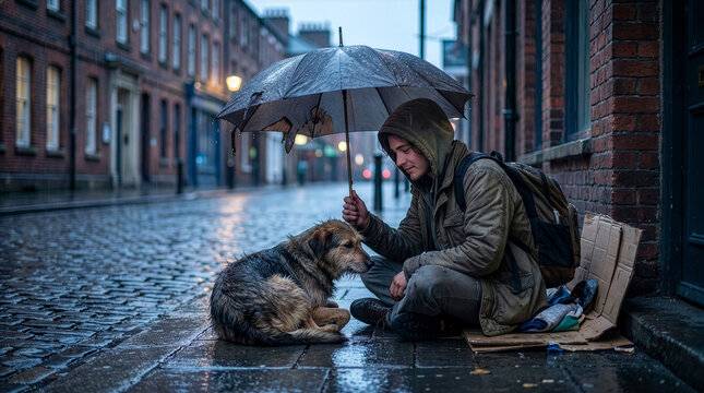 Homeless man sheltering street dog in rain
