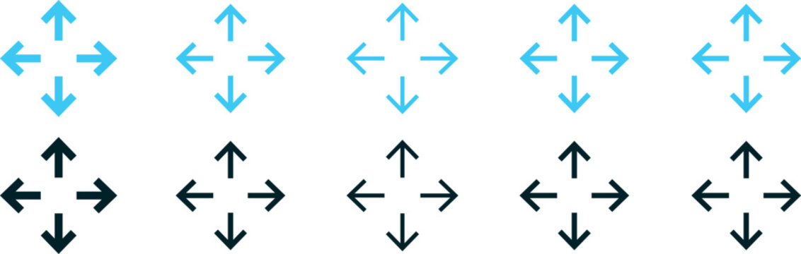 move direction signs and four arrows icons, containing high-quality buttons and drag illustration in a vector symbol collection.
