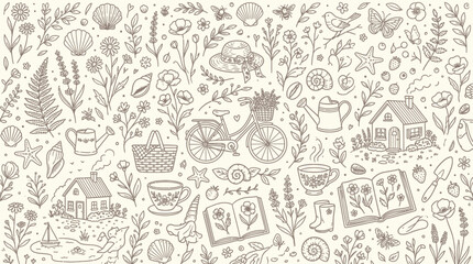 Charming Hand-Drawn Illustration of a Whimsical Garden Scene with Bicycle, Cottages, and Floral Elements. © Bara