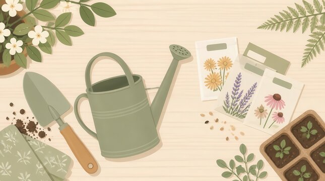Serene flat graphic composition of a spring gardening set, featuring a watering can and flower seeds on a wooden table for a vibrant seasonal display in a widescreen cinematic layout design.
