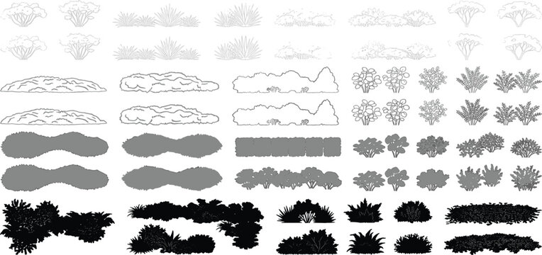 Versatile set of plant and bush silhouettes for landscape planning, architectural visualization, and graphic design, offering diverse greenery shapes and detailed foliage elements