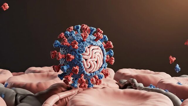 Detailed 3D Rendering of Coronavirus Particle with Blue and Red Spike Proteins Against Gradient Background for Scientific and Medical Visuals