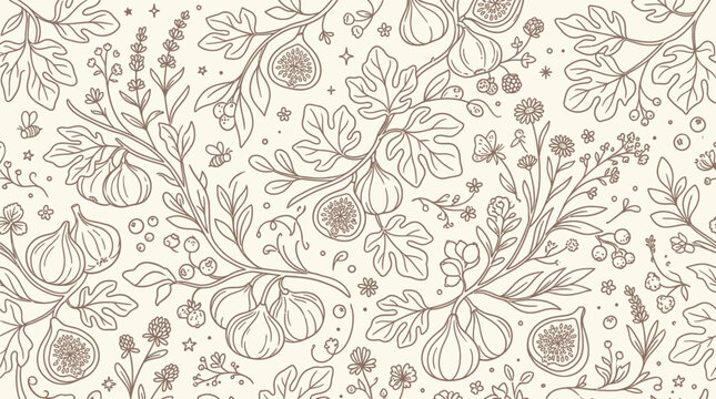 Delicate botanical illustration of fig branches with fruits and flowers on a cream background, seamless pattern.