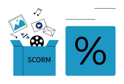 E-learning, SCORM compliance, digital education, online training, learning management systems, instructional content. SCORM package box with media icons and percentage symbol. E-learning and SCORM