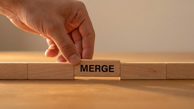 Hand placing a wooden block labeled 'MERGE' to connect two segments, symbolizing strategic business integration, collaboration, and the formation of a unified entity for growth and shared success