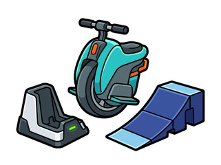 This vibrant illustration portrays futuristic personal transport devices, such as a unicycle and charging stations, capturing innovation in modern mobility solutions and technology. © chaobo fu