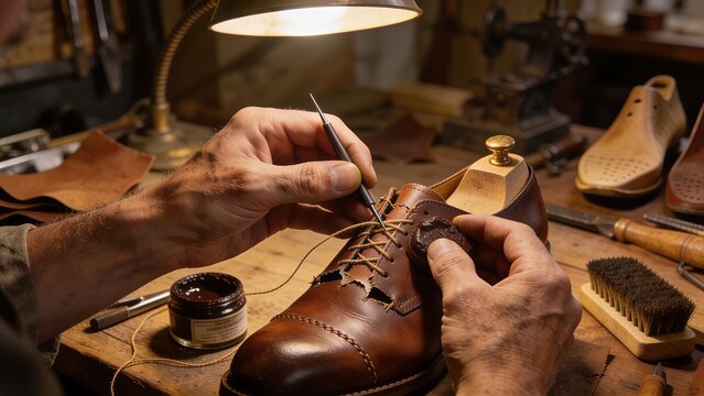 First person view of hands repairing leather shoes with tools in a traditional cobbler workshop, showcasing craftsmanship and shoe restoration process.