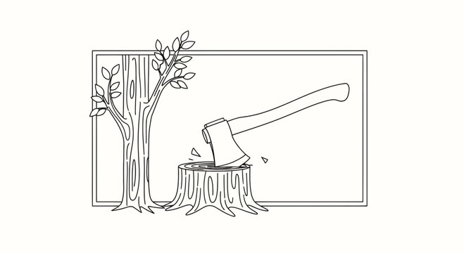 Deforestation concept: Axe stuck in tree stump next to a living tree