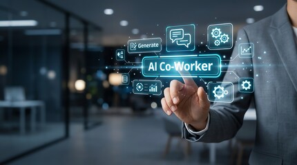 Fototapeta premium Human Hand Engaging with an AI Co-Worker Holographic Interface, Symbolizing Future Workplace Collaboration, Digital Innovation, and Business Transformation in a Modern Office Setting