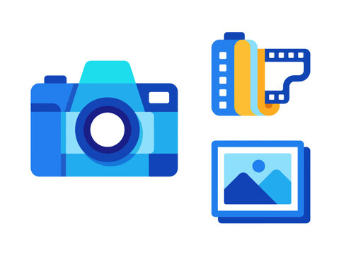 This modern image showcases a stylish camera alongside film roll and framed photographs, representing the world of photography, creativity, and lasting memories in vibrant hues.