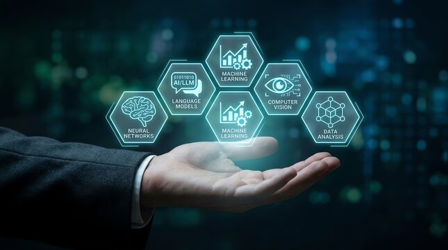 Businessman's hand reaching out, presenting a luminous hexagonal infographic illustrating core artificial intelligence and data science concepts for modern business innovation