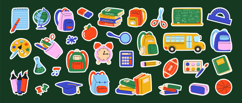 Set of back to school stickers with supplies for students. Collection of hand drawn educational icons. Creative stationary design for kids element.