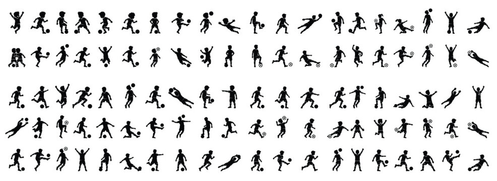 Children Soccer Player Black Silhouette Icon Collection Vector Illustration