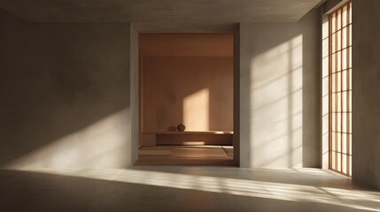 Fototapeta premium 柔らかな朝日が差し込む和モダンミニマル空間 Minimal Japanese interior with warm morning sunlight and copy space