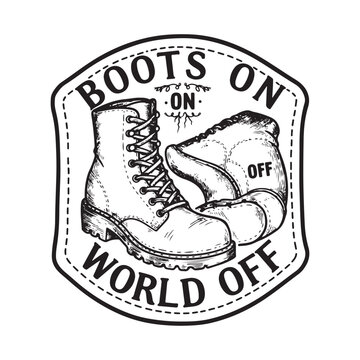 Boots on world off typography emblem with handdrawn boots