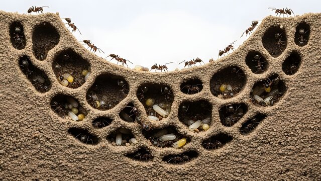 Ants navigate through the complex interconnected tunnels of a subterranean nest containing larvae and pupae within the soil.