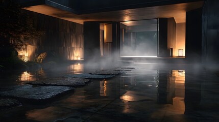 Obraz premium 霧と湯気に包まれた高級和モダン温泉邸宅 Luxury Japanese modern onsen courtyard with mist and warm lighting at night