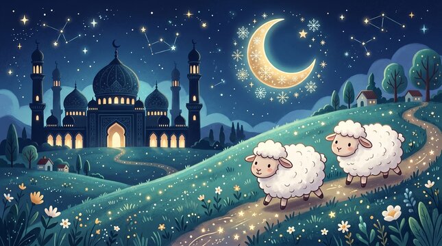 Image is a digital illustration featuring a serene night scene with two sheep walking on a grassy hill. The style is whimsical and cartoon-like, with soft, rounded shapes and a calming color palette d
